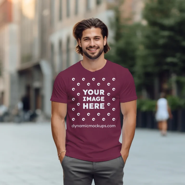 Man Wearing Maroon T-shirt Mockup Front View Template