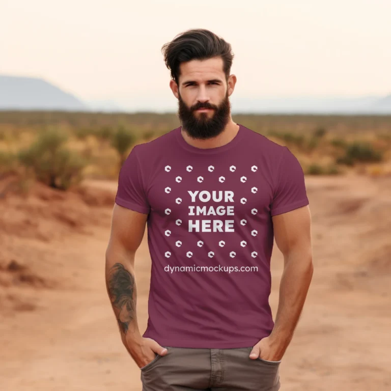 Man Wearing Maroon T-shirt Mockup Front View Template