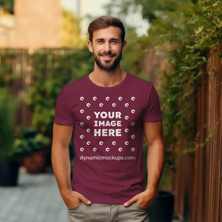 Man Wearing Maroon T-shirt Mockup Front View Template