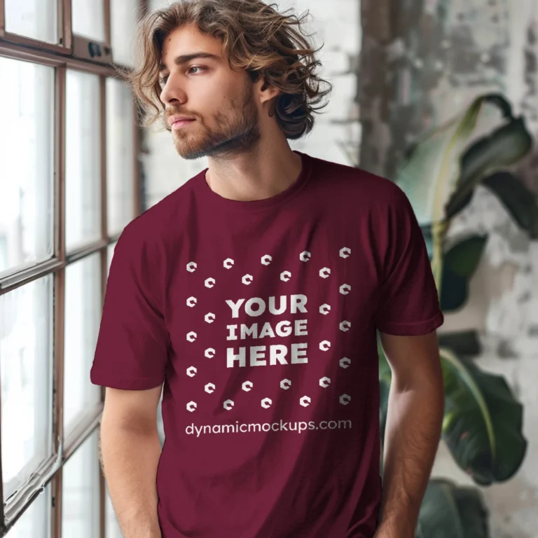 Man Wearing Maroon T-shirt Mockup Front View Template