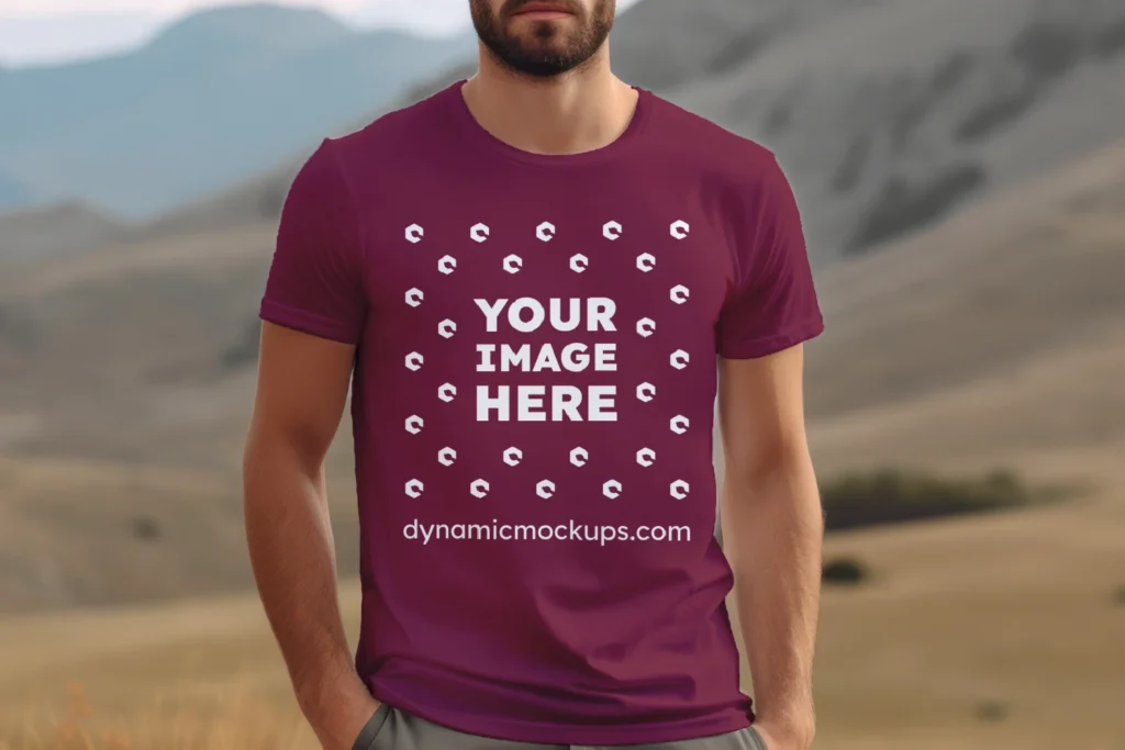 Man Wearing Maroon T-shirt Mockup Front View Template