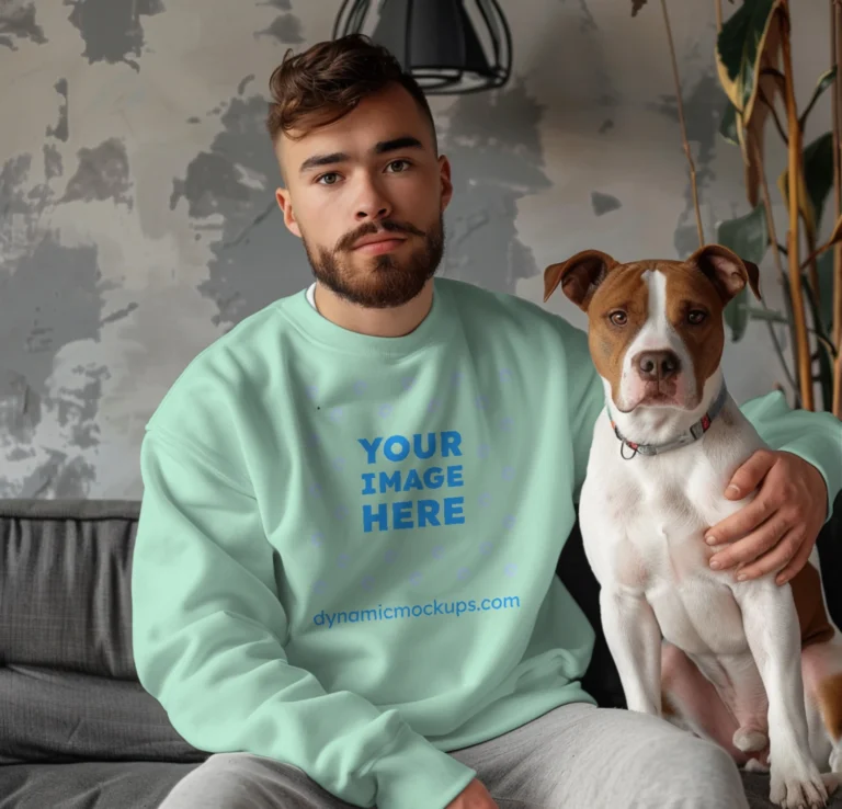 Man Wearing Mint Sweatshirt Mockup Front View Template