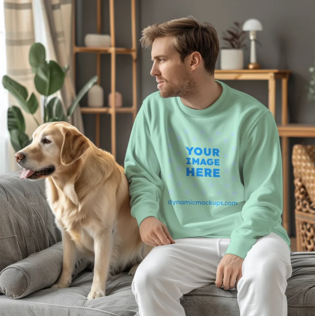 Man Wearing Mint Sweatshirt Mockup Front View Template