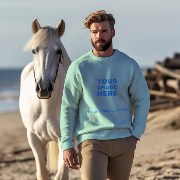 Man Wearing Mint Sweatshirt Mockup Front View Template