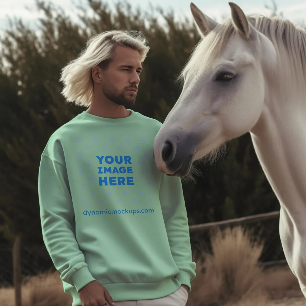 Man Wearing Mint Sweatshirt Mockup Front View Template