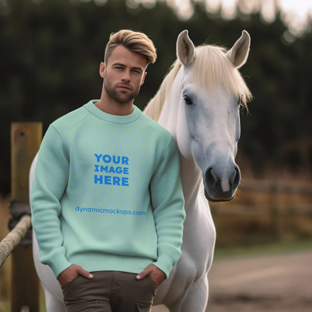 Man Wearing Mint Sweatshirt Mockup Front View Template