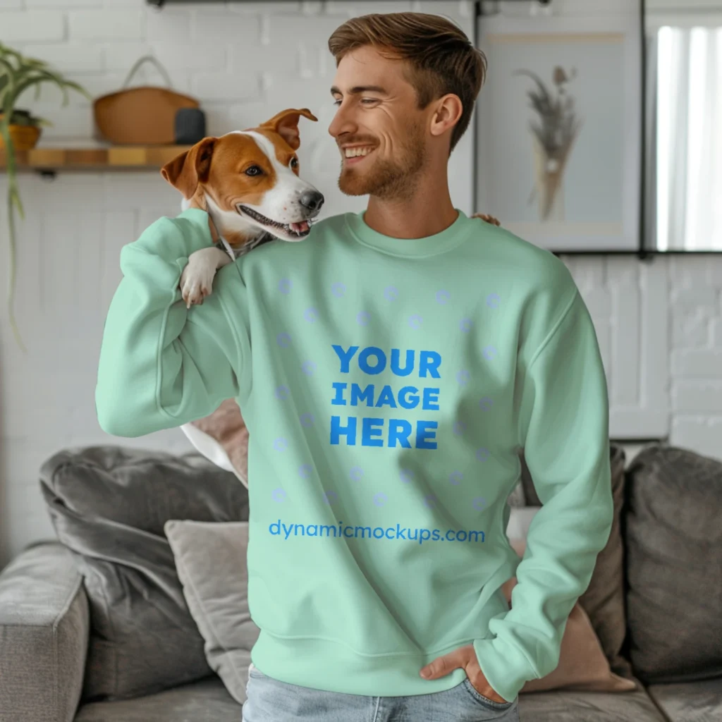 Man Wearing Mint Sweatshirt Mockup Front View Template