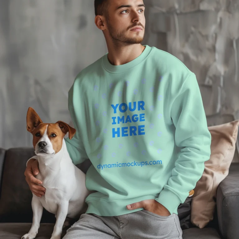 Man Wearing Mint Sweatshirt Mockup Front View Template