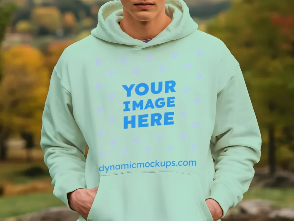 Man Wearing Mint Hoodie Mockup Front View Template