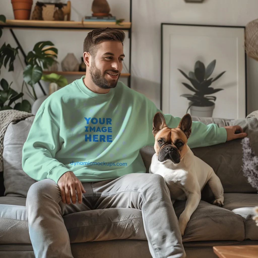 Man Wearing Mint Sweatshirt Mockup Front View Template