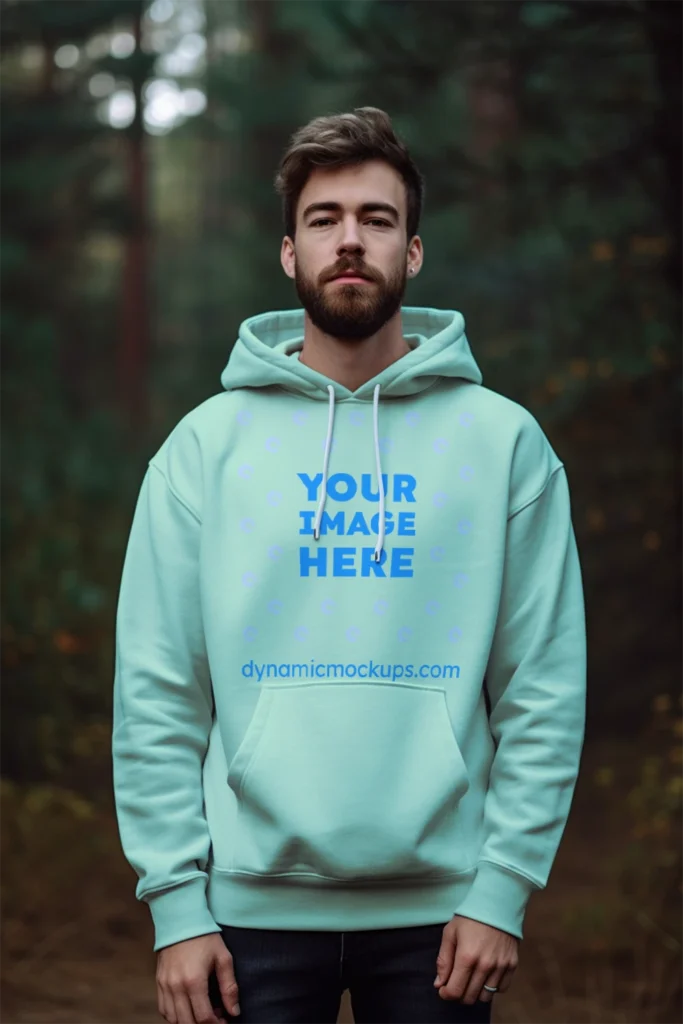 Man Wearing Mint Hoodie Mockup Front View Template