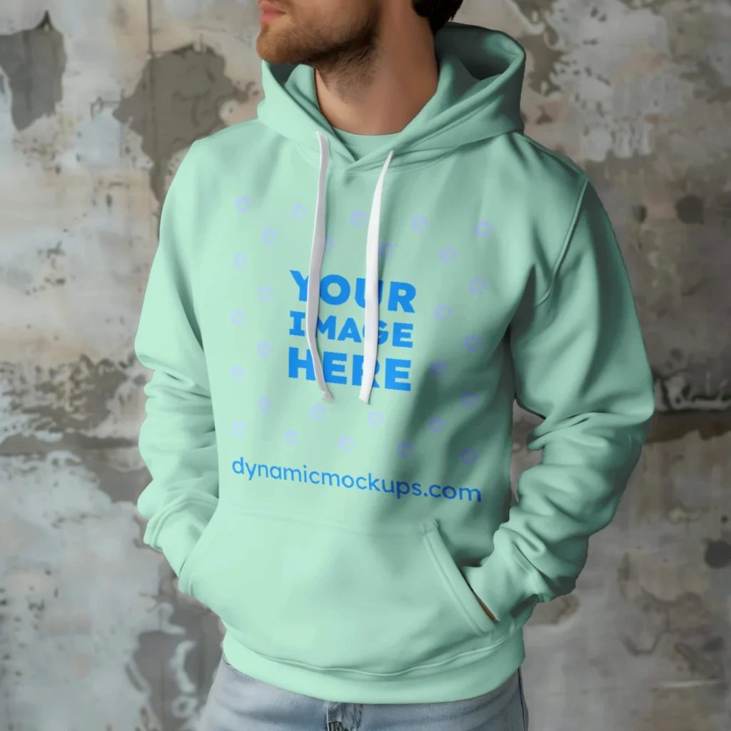 Man Wearing Mint Hoodie Mockup Front View Template