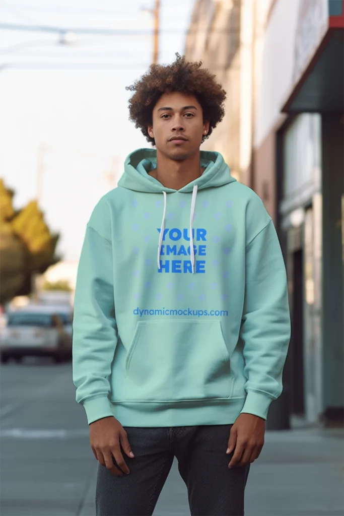 Man Wearing Mint Hoodie Mockup Front View Template