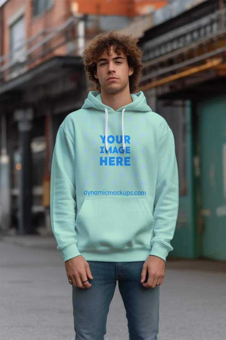 Man Wearing Mint Hoodie Mockup Front View Template