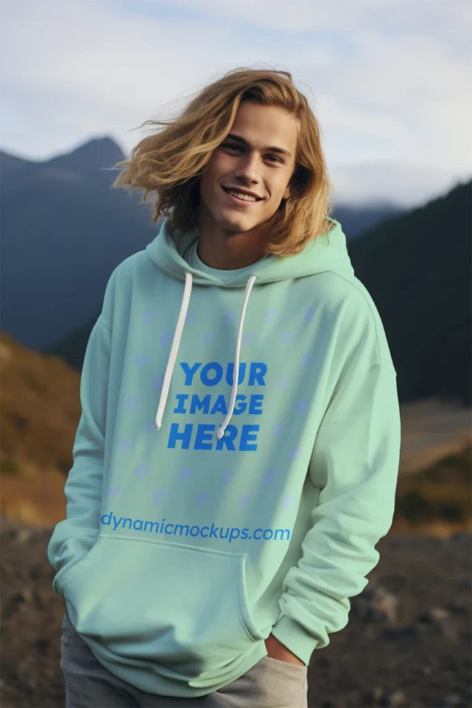 Man Wearing Mint Hoodie Mockup Front View Template