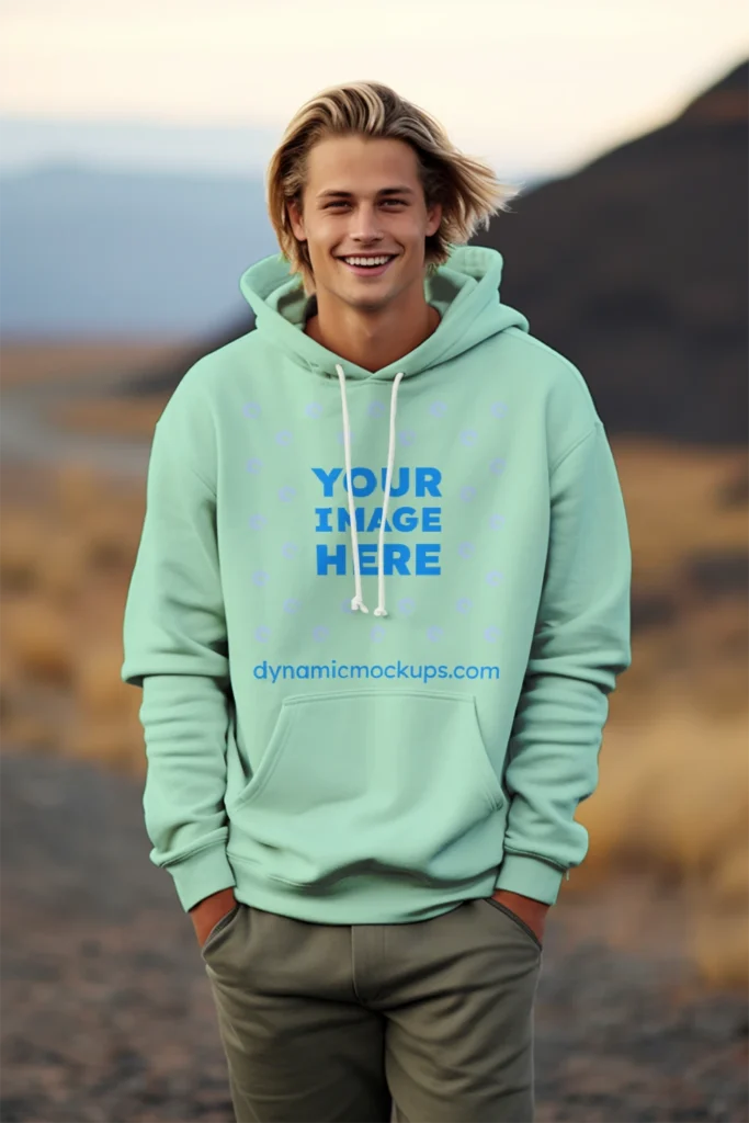 Man Wearing Mint Hoodie Mockup Front View Template