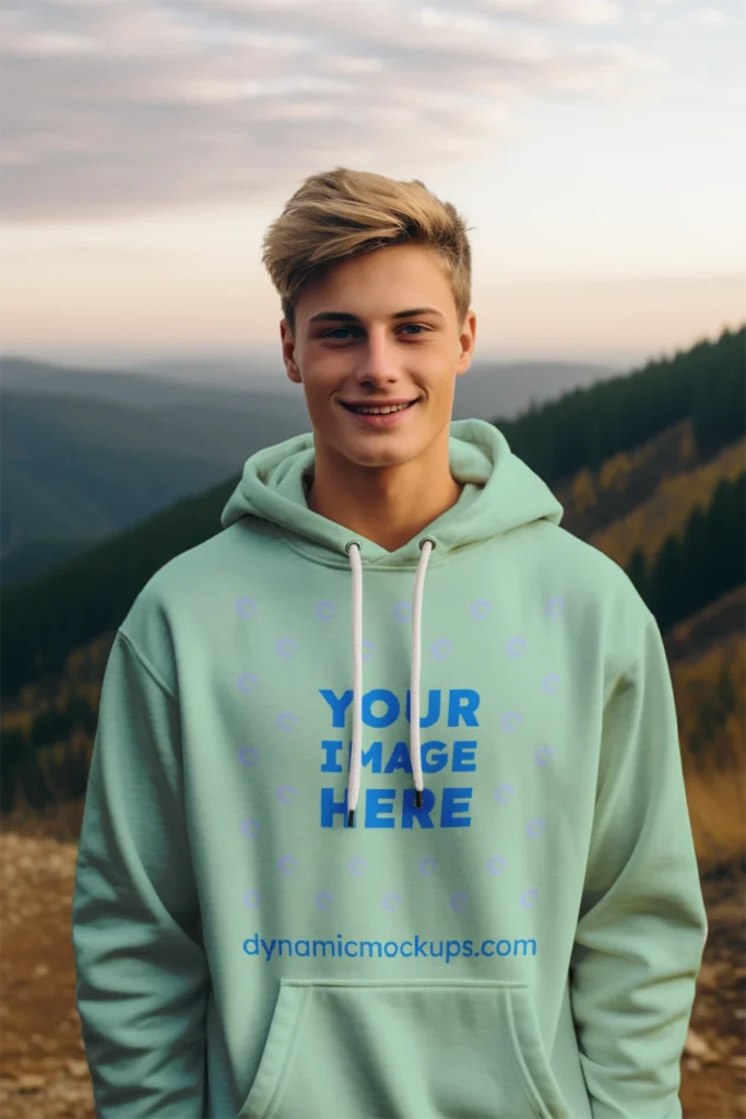 Man Wearing Mint Hoodie Mockup Front View Template