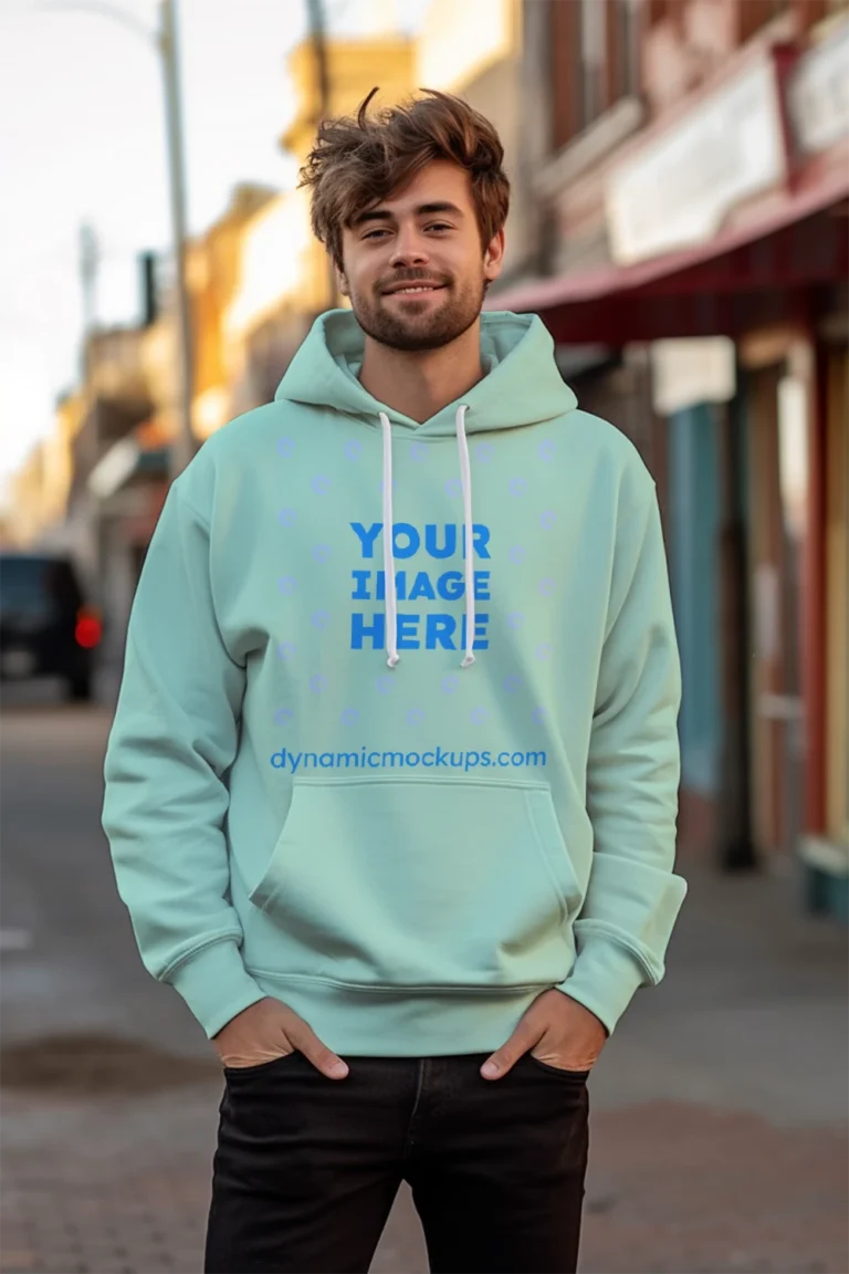 Man Wearing Mint Hoodie Mockup Front View Template