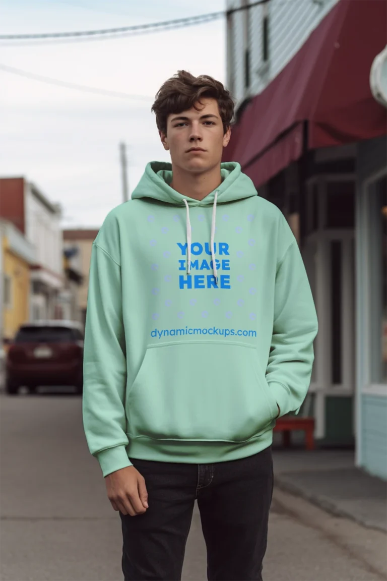 Man Wearing Mint Hoodie Mockup Front View Template