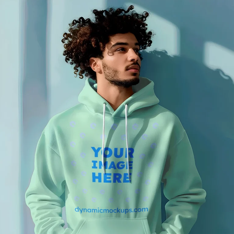 Man Wearing Mint Hoodie Mockup Front View Template