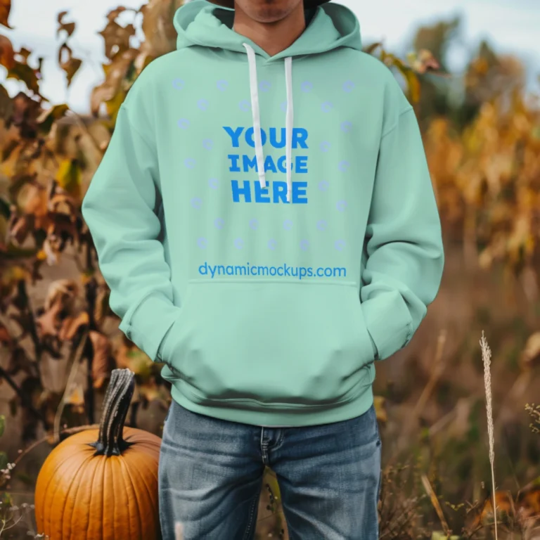 Man Wearing Mint Hoodie Mockup Front View Template