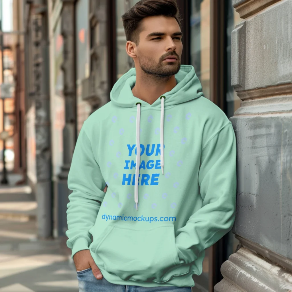 Man Wearing Mint Hoodie Mockup Front View Template