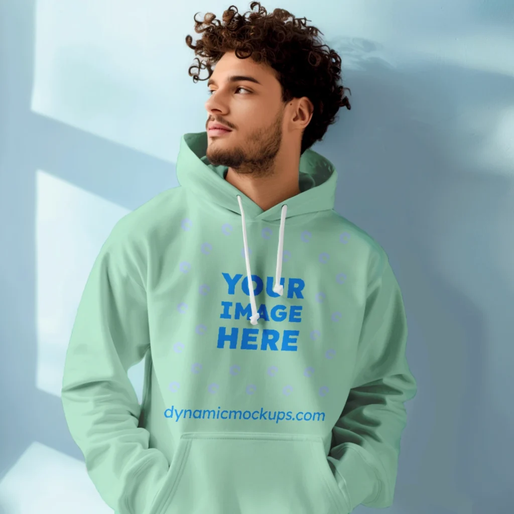 Man Wearing Mint Hoodie Mockup Front View Template