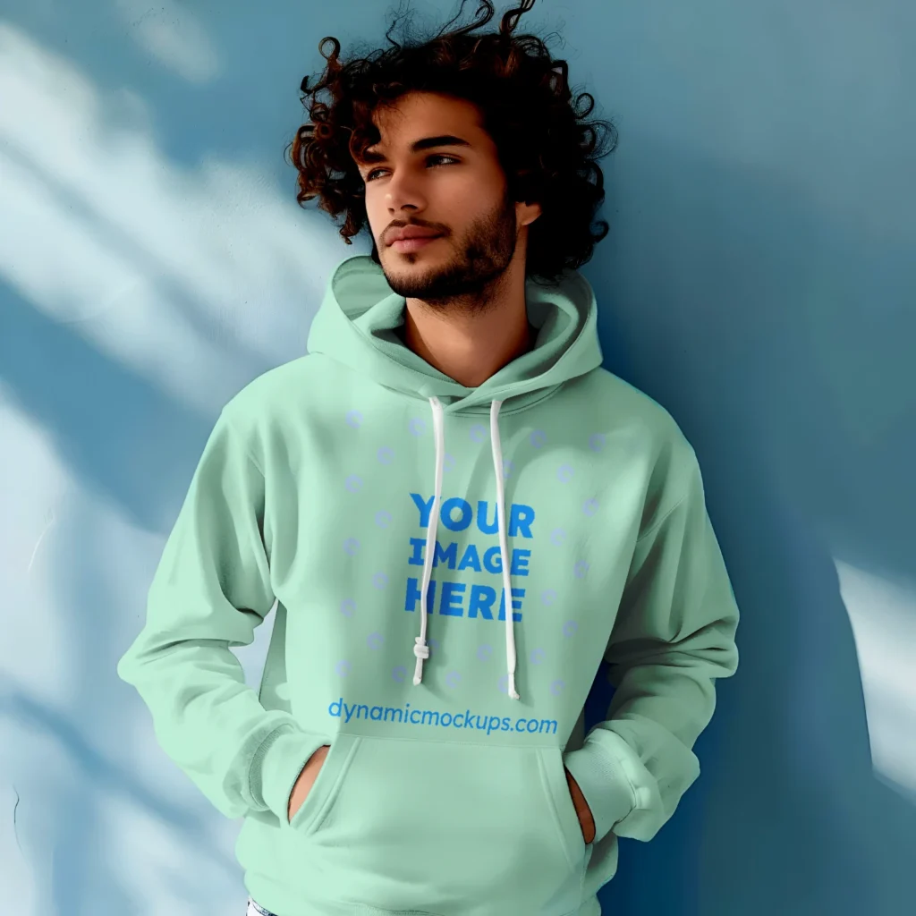 Man Wearing Mint Hoodie Mockup Front View Template