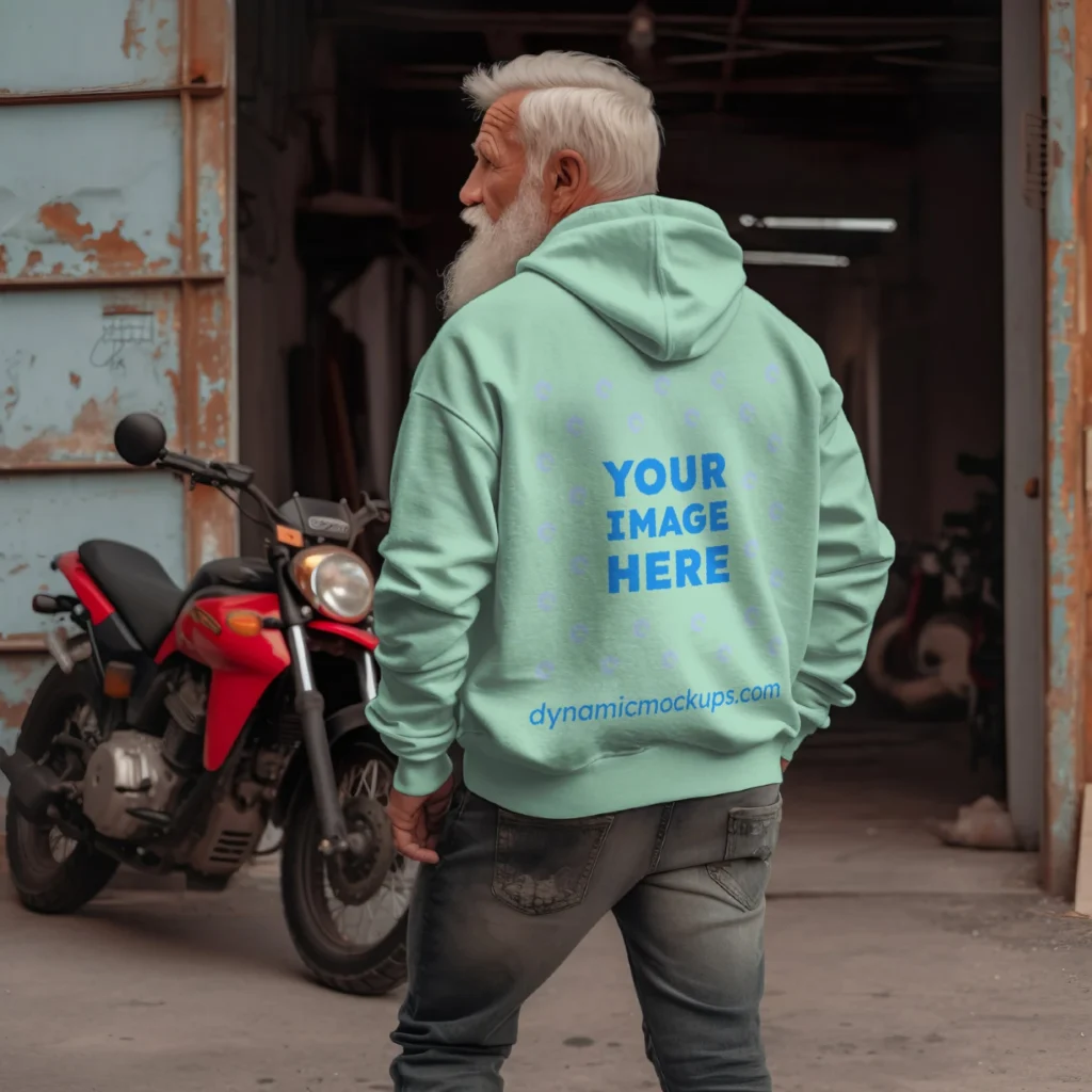 Man Wearing Mint Hoodie Mockup Back View Template