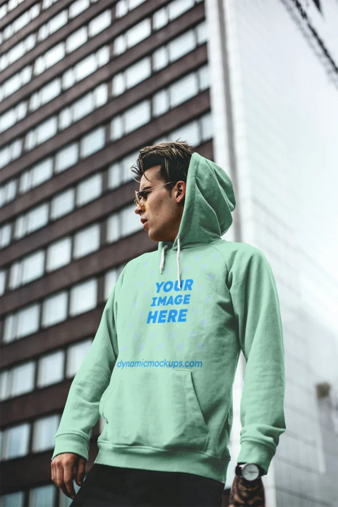 Man Wearing Mint Hoodie Mockup Front View Template