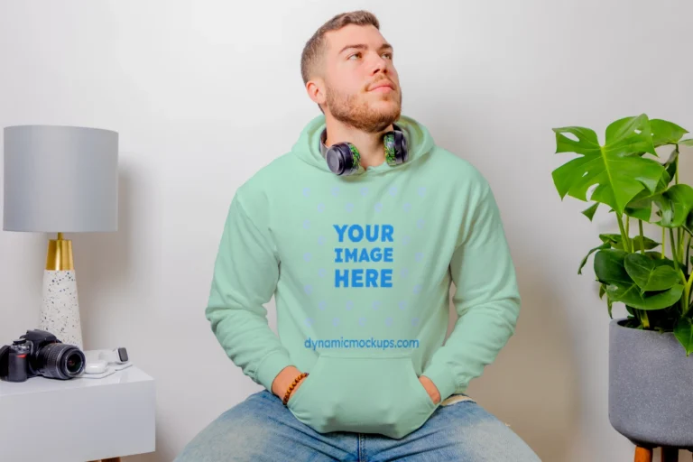 Man Wearing Mint Hoodie Mockup Front View Template