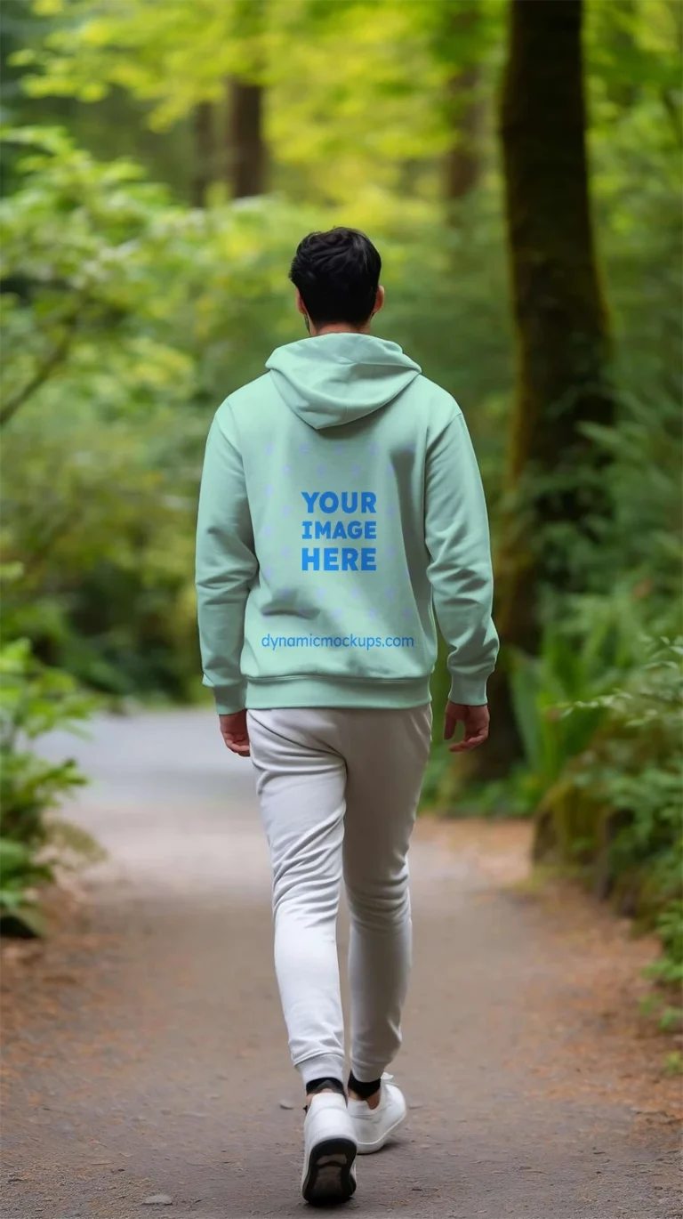 Man Wearing Mint Hoodie Mockup Back View Template