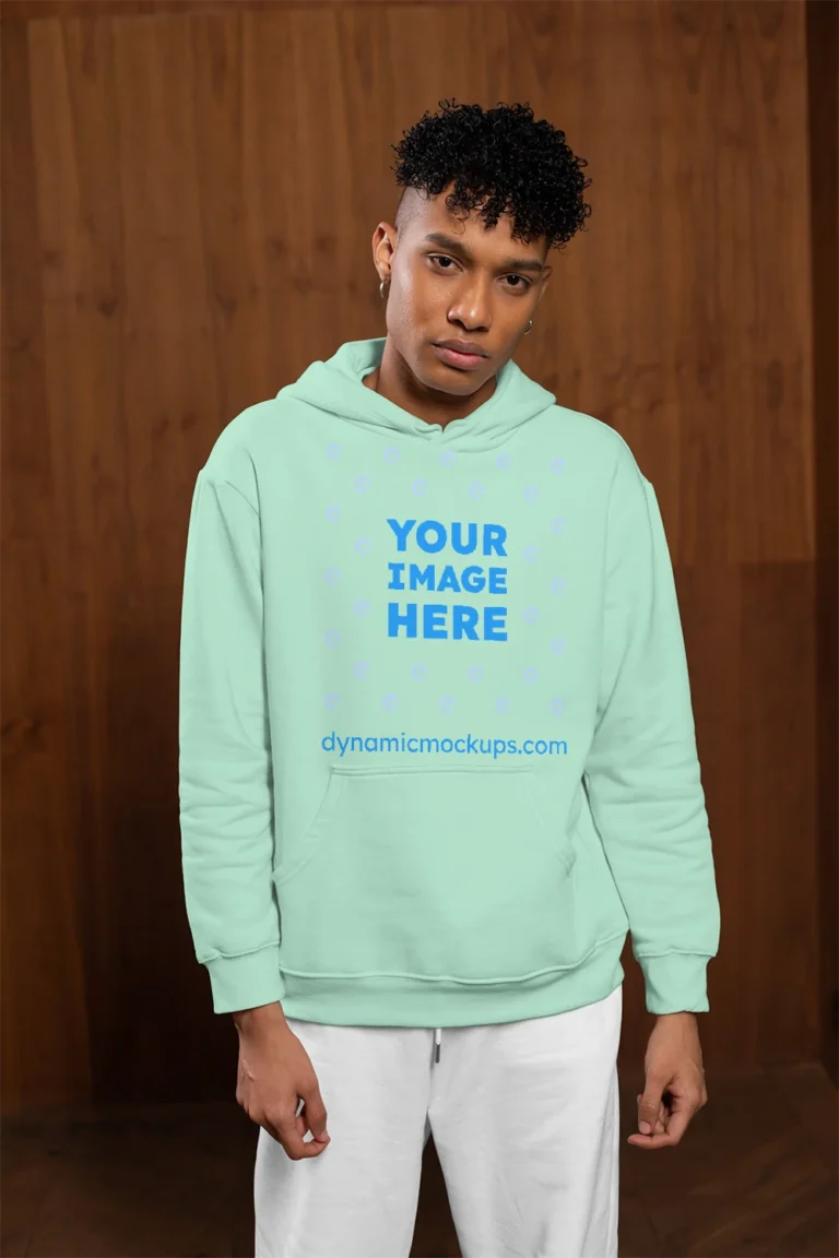 Man Wearing Mint Hoodie Mockup Front View Template