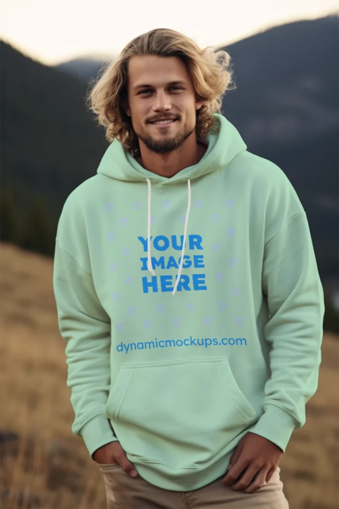 Man Wearing Mint Hoodie Mockup Front View Template