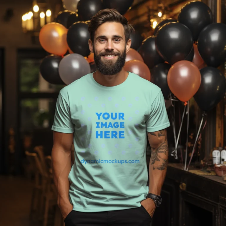 Man Wearing Mint T-shirt Mockup Front View Template