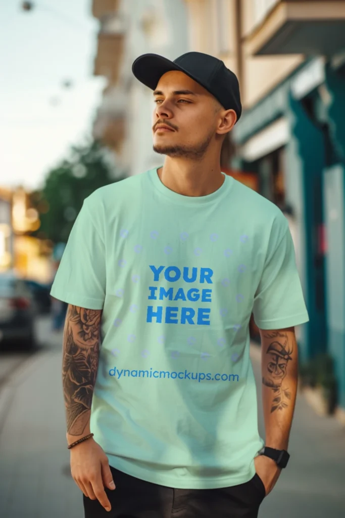 Man Wearing Mint T-shirt Mockup Front View Template