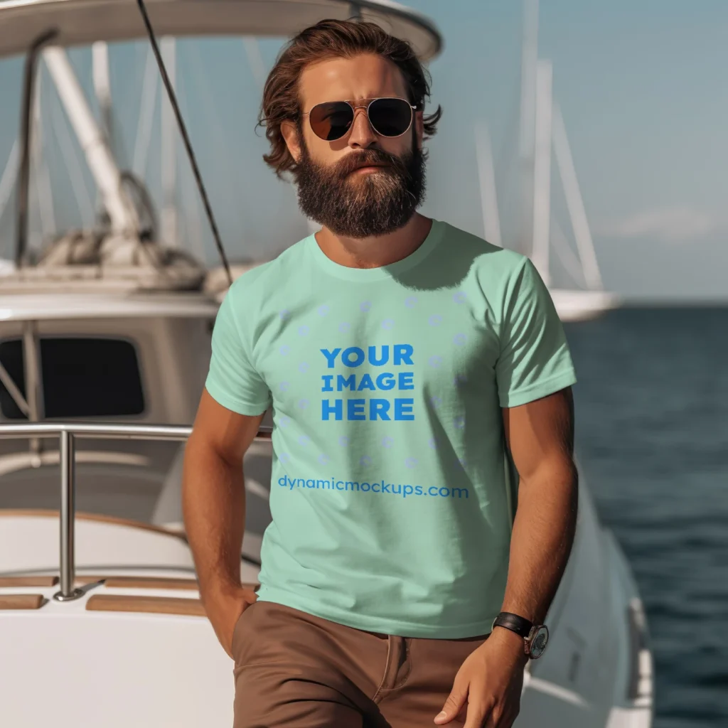 Man Wearing Mint T-shirt Mockup Front View Template