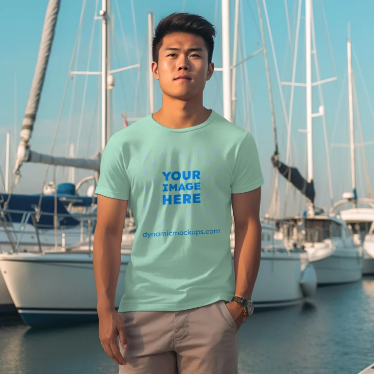 Man Wearing Mint T-shirt Mockup Front View Template