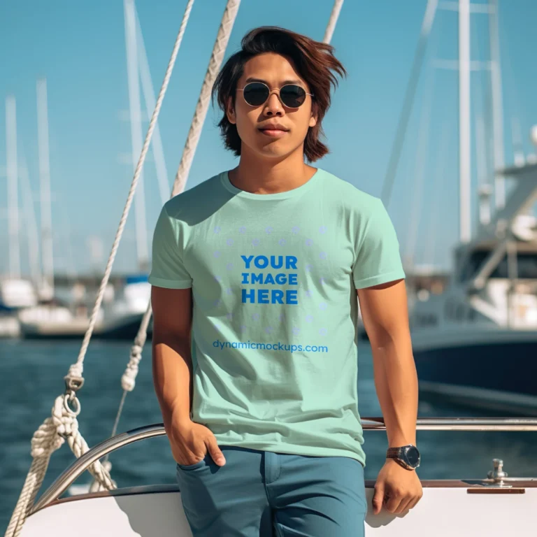 Man Wearing Mint T-shirt Mockup Front View Template