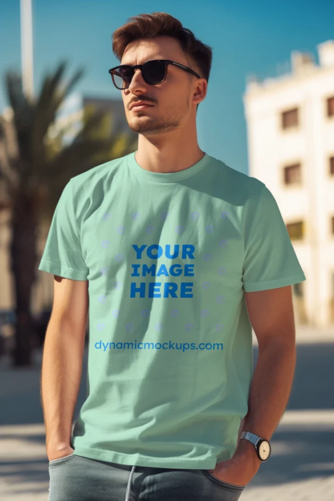 Man Wearing Mint T-shirt Mockup Front View Template