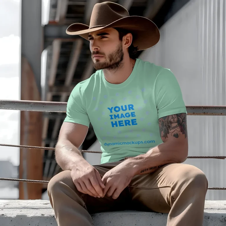 Man Wearing Mint T-shirt Mockup Front View Template