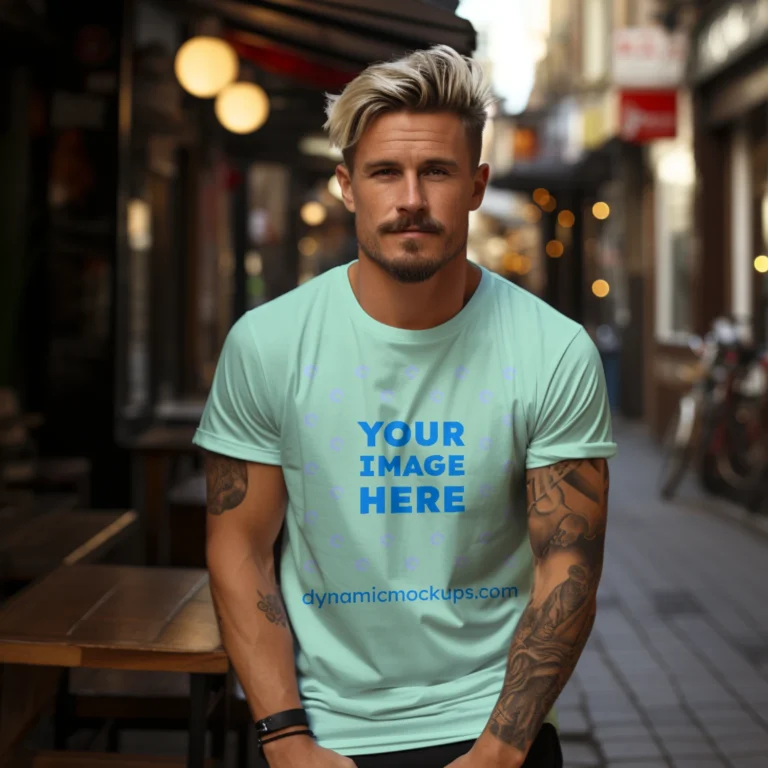 Man Wearing Mint T-shirt Mockup Front View Template