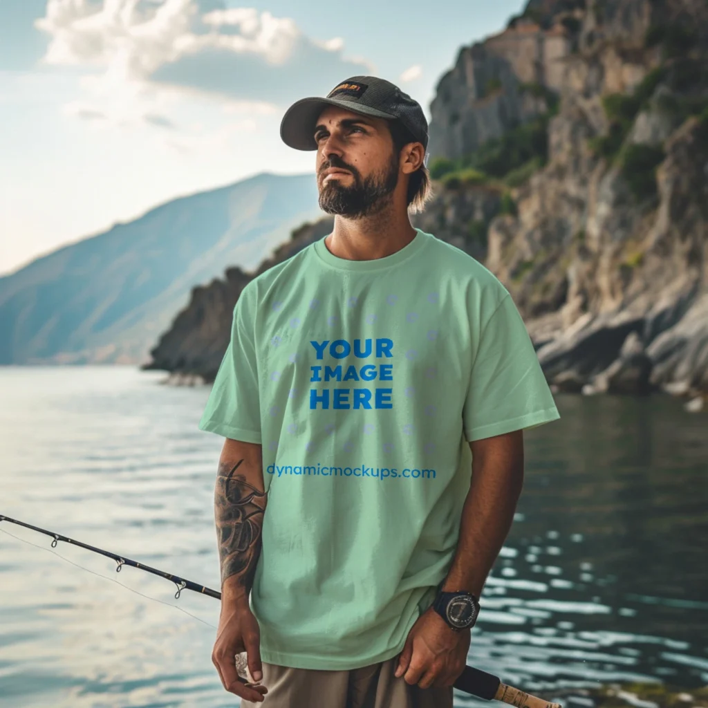 Man Wearing Mint T-shirt Mockup Front View Template