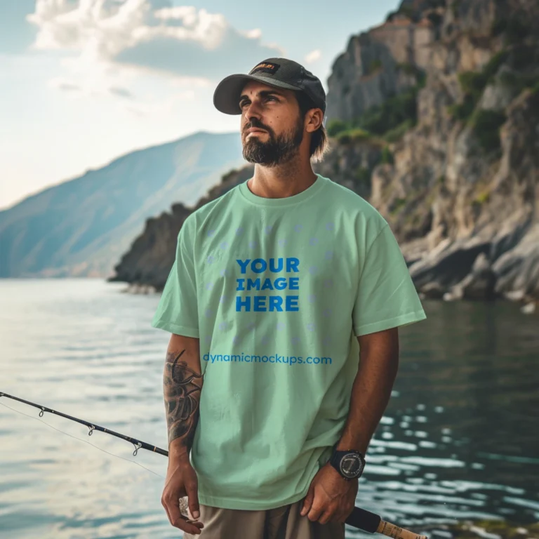 Man Wearing Mint T-shirt Mockup Front View Template