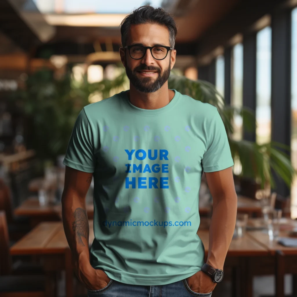 Man Wearing Mint T-shirt Mockup Front View Template