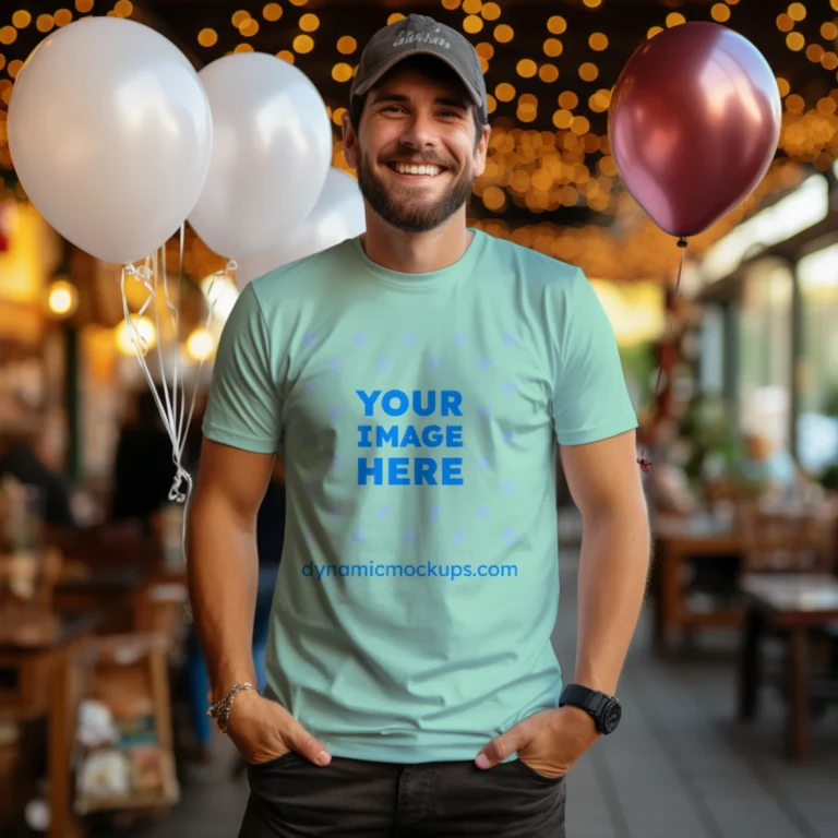 Man Wearing Mint T-shirt Mockup Front View Template