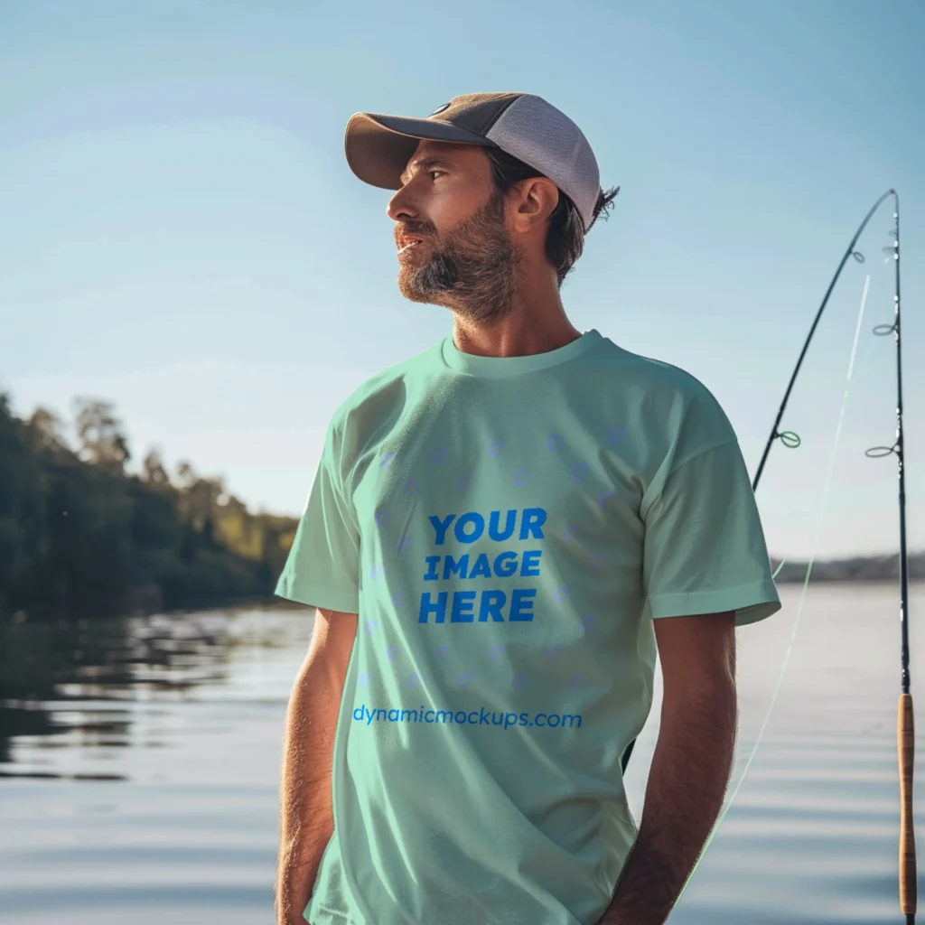 Man Wearing Mint T-shirt Mockup Front View Template