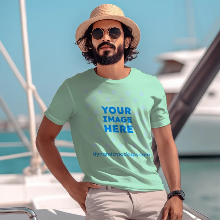 Man Wearing Mint T-shirt Mockup Front View Template