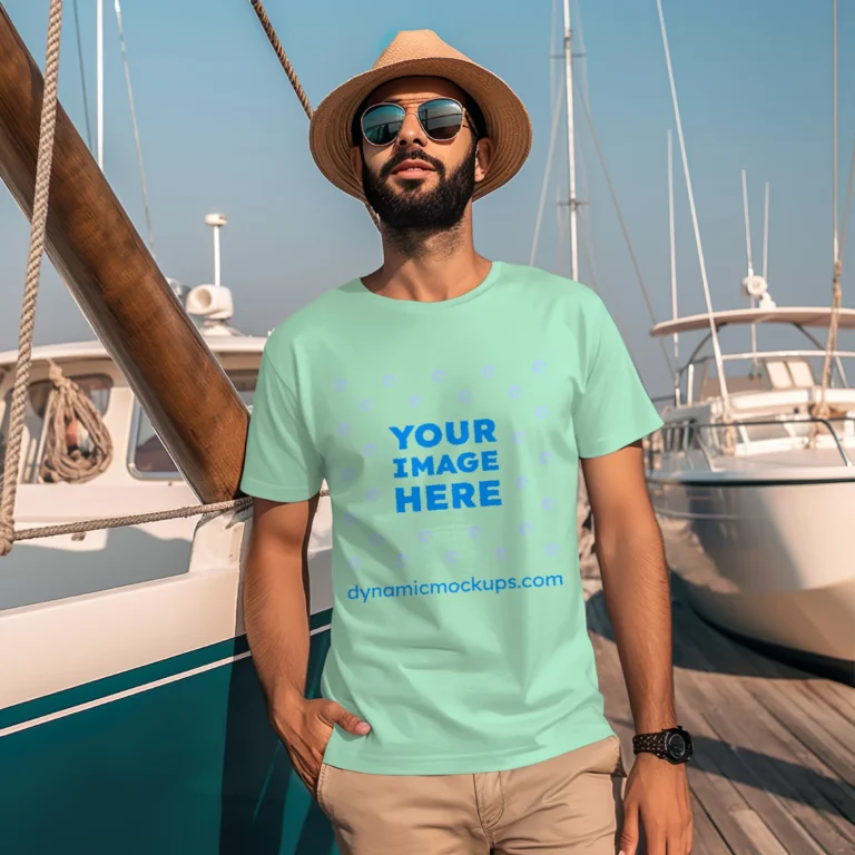 Man Wearing Mint T-shirt Mockup Front View Template