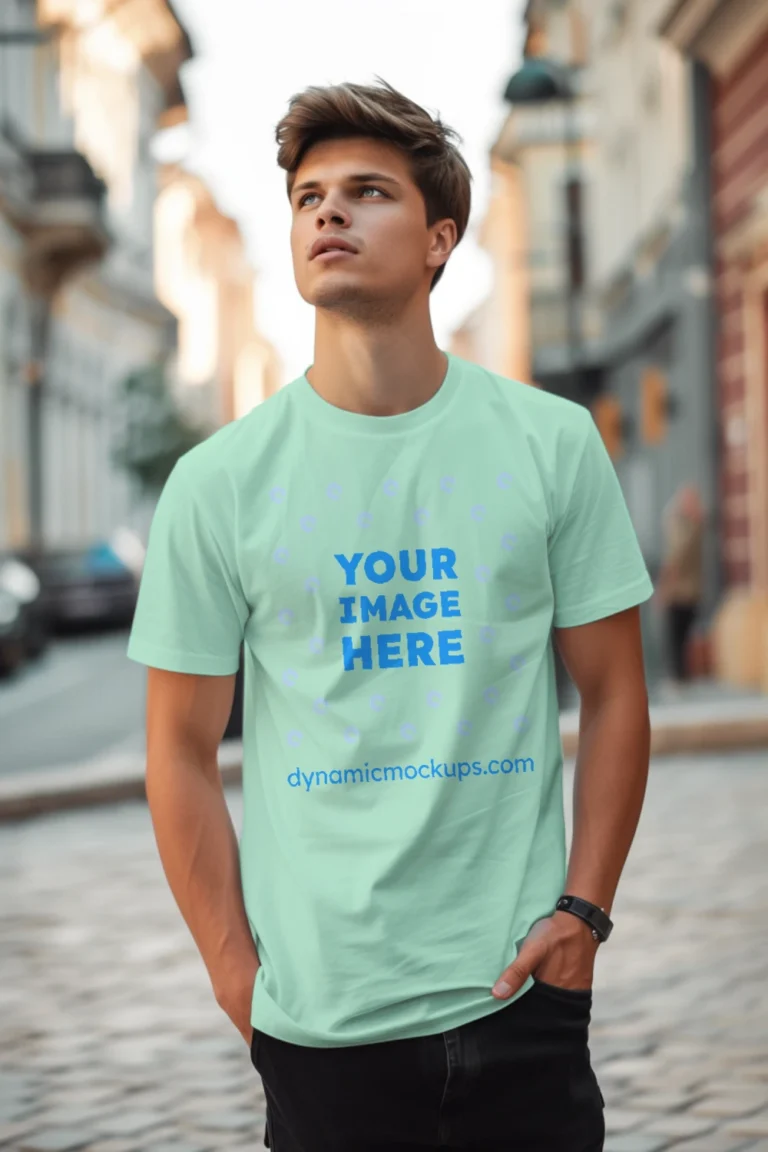 Man Wearing Mint T-shirt Mockup Front View Template